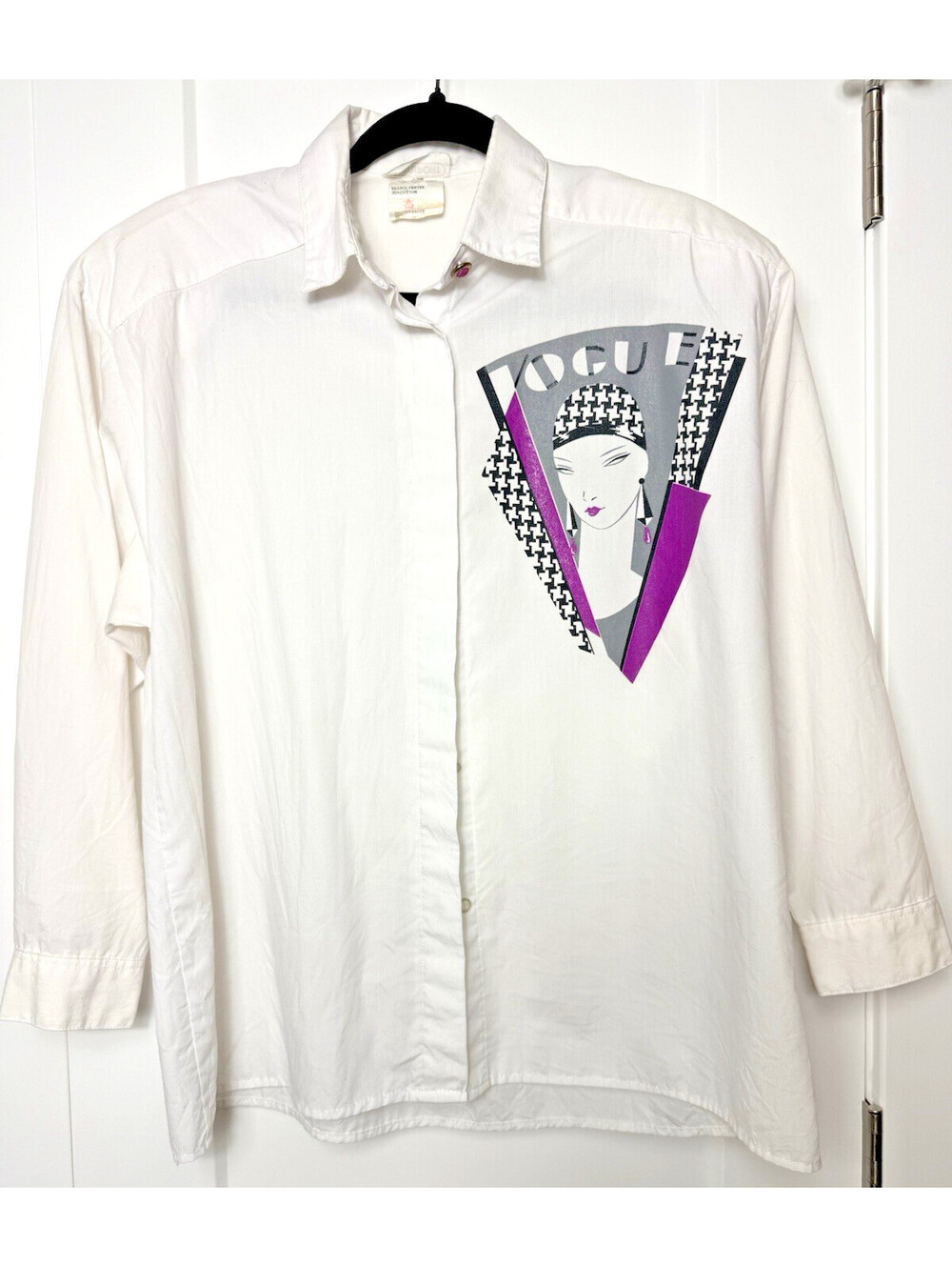 Vtg 80s 90s Vogue Face Graphic Button Up White Shirt Glensport Houndstooth
